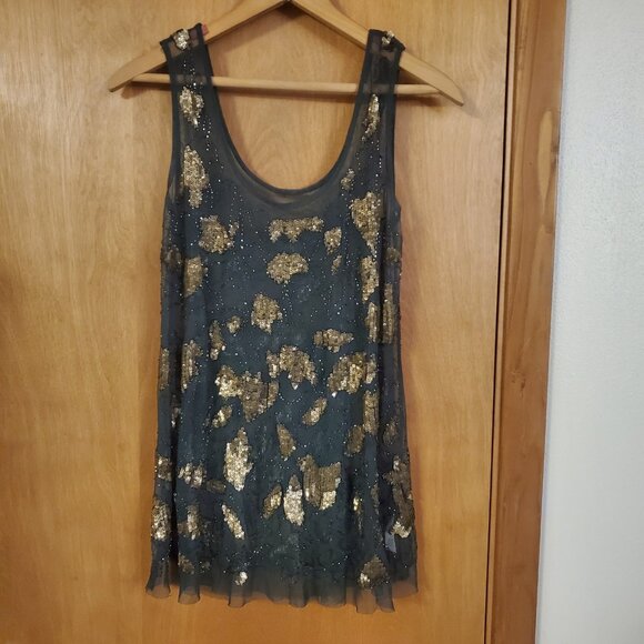 Free People Metal Maiden Soft Mesh Sheer Sequin Slip Dress Womens XS Green/Gold - Picture 3 of 5